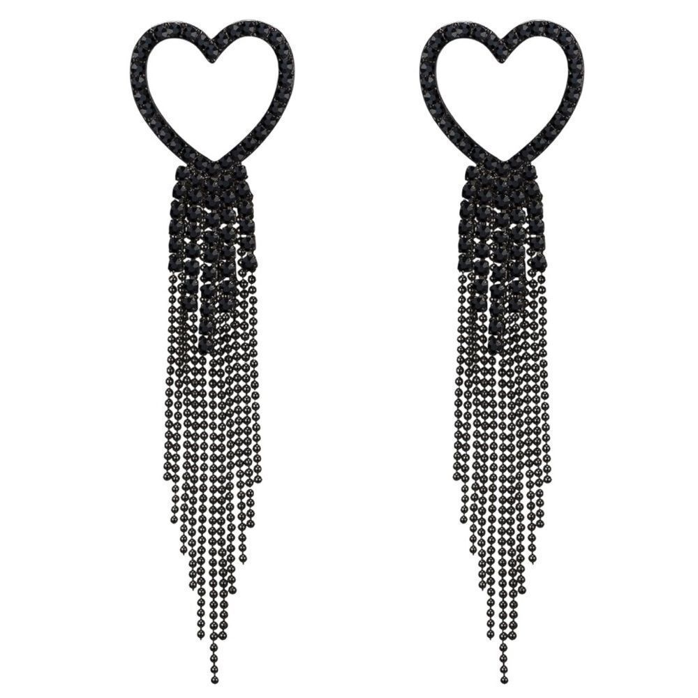 Black with Black Onyx Crystal Heart Beaded Tassel Post Back Dangling Earrings
